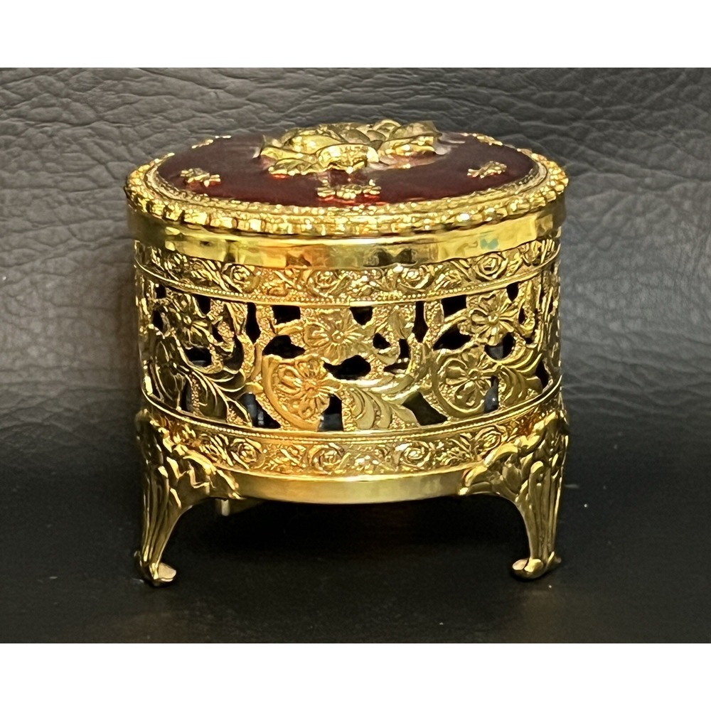 VTG 1928 Gift Accessory Co. Music Box Gold‎ Regency Deep Coral Top Gold Roses
